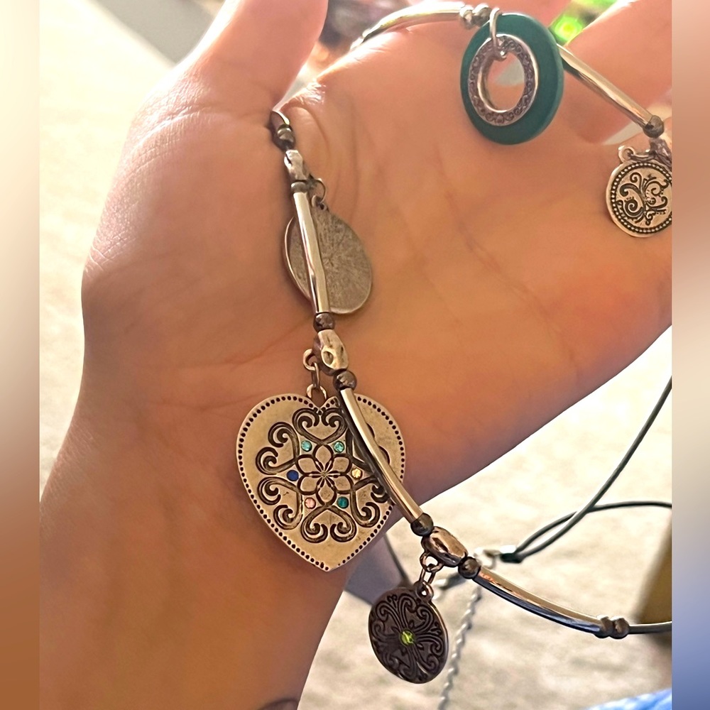 Layered silver patina beaded necklace heart main charm with geometric engraving